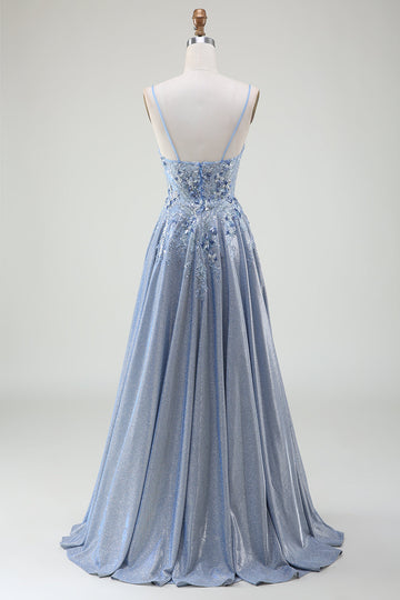 Glitter A-Line Spaghetti stropper Grå Blå Prom Dress